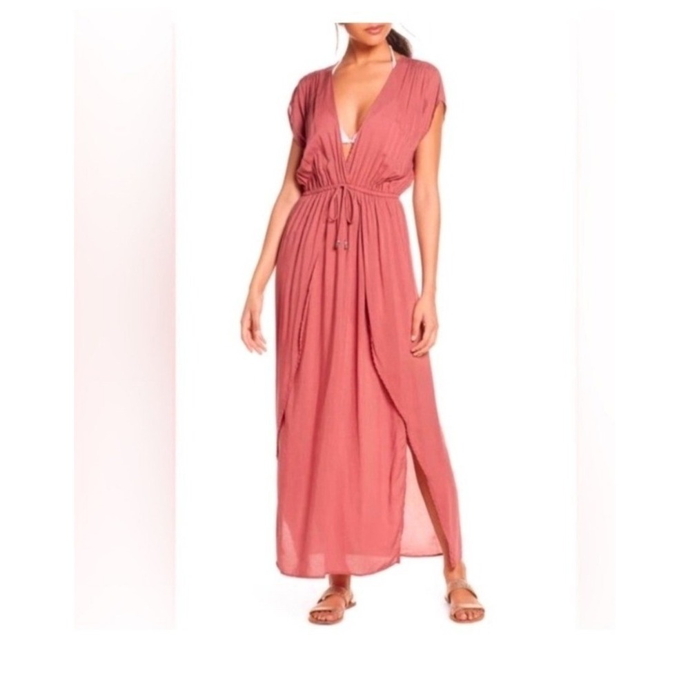 Elan maxi Swim Cover Up Dress Women Small Gauze V-Neck Drawstring Maxi Slits